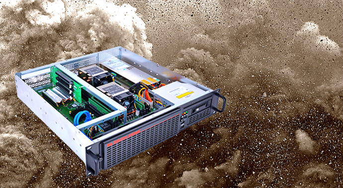 Trenton Systems rugged server graphic in front of dust storm photo